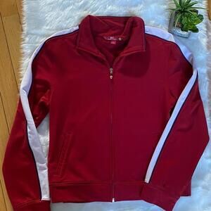 SO Women's Red Track Jacket with White Stripe Detail, Size Large